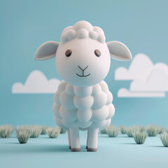A delightful 3D sheep character, designed with a soft and cloud-like appearance, amidst a serene sky-blue background.