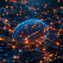 Brain with neural network, glowing on a digital tech backdrop
