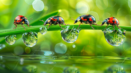 Ladybugs family on a dewy grass, AI Generative.