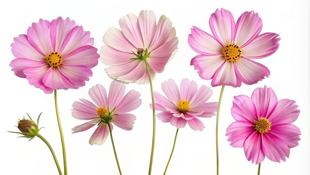 Set of six pink Cosmos bipinnatus flowers with different perspective isolated on white background. Ornamental garden plant Cosmos bipinnatus close-up macro.