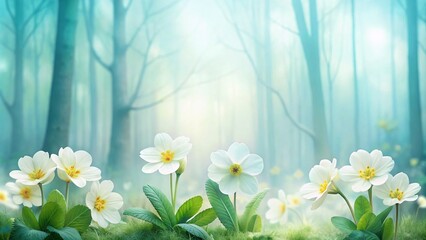 Spring forest white flowers primroses on a beautiful gentle light blue background. Macro. Floral desktop wallpaper a postcard. Romantic soft gentle artistic image, free space for text. - obrazy, fototapety, plakaty