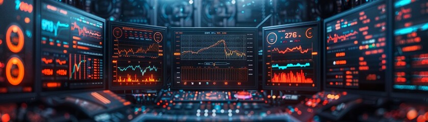 Futuristic traders desk, screens ablaze with cryptocurrency and stock market data, top view, detailed - obrazy, fototapety, plakaty