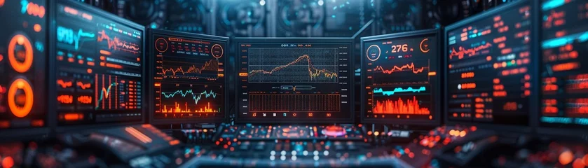 Fotobehang Futuristic traders desk, screens ablaze with cryptocurrency and stock market data, top view, detailed © Pairat