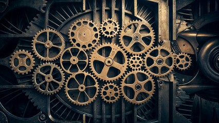 A complex system of brass gears and cogs interlocking in a dark, industrial setting.