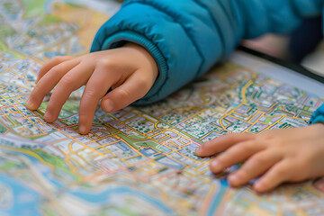 Fototapeta premium a child's hands playing with a city map