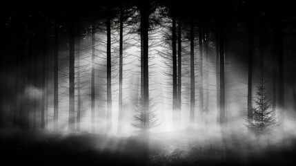 landscape of a night foggy forest illuminated by the moon