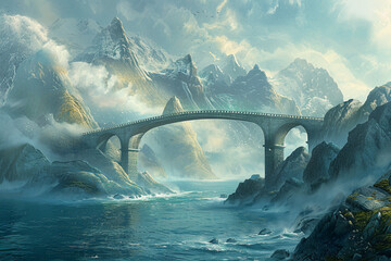 Produce a digital artwork depicting a bridge arching over a coastal inlet, with the sea mist swirling around its supports and distant mountains rising from the water - obrazy, fototapety, plakaty