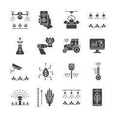 Smart farming glyph icon set. Vector collection with tractor, watering system, agriculture drone, robot, surveillance camera, smartphone, ph meter.