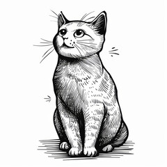 Black and white illustration of a curious cat looking upward, detailed and expressive, perfect for various applications.