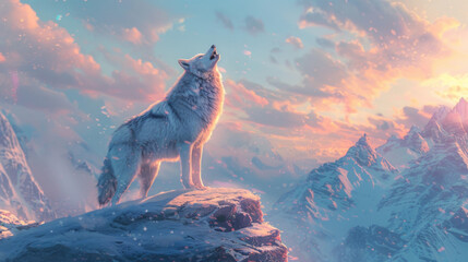 A lone wolf howls on a snowy mountain peak at dusk with a sky painted in the vibrant hues of sunset. - obrazy, fototapety, plakaty