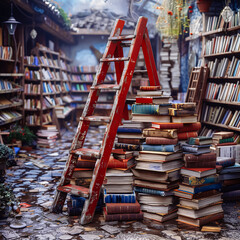 Fototapeta na wymiar A red ladder is leaning against a pile of books in an destroyed library