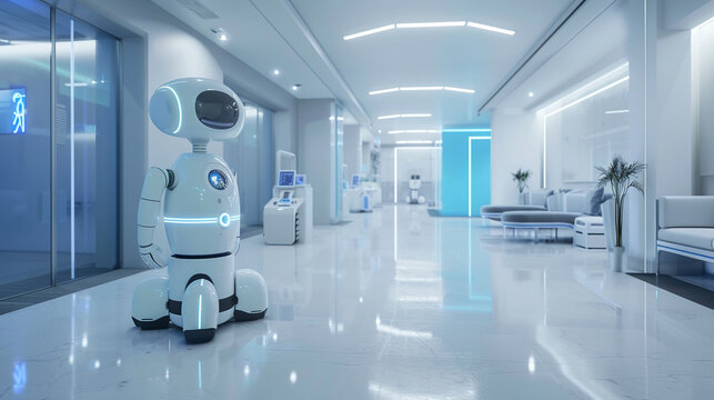 Futuristic medical robot, white and blue color scheme, in high-tech health facility, minimalist style