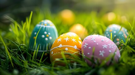 Beautifully Decorated Easter Eggs Nestled in Lush Green Grass Symbolizing Renewal and of Life