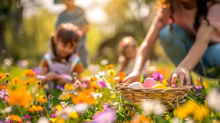 Joyful Family Celebrating Easter Egg Hunt in Vibrant Spring Garden