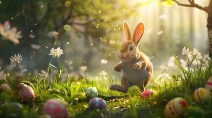 Fototapeta na wymiar Magical Easter Bunny Hopping Through Enchanted Forest Leaving Colorful Trail of Eggs for Children to Find