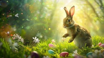 Fototapeta na wymiar Whimsical Easter Bunny Hopping Through Enchanted Forest Leaving Trail of Colorful Eggs for Children to Discover