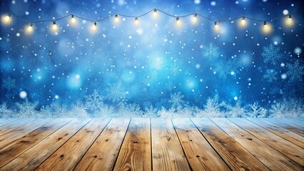 Naklejka na ściany i meble Winter snowy stage background with wooden flooring and Christmas lights on blue background, banner format, copy space.