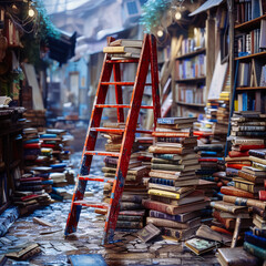 A red ladder is leaning against a pile of books in an destroyed library