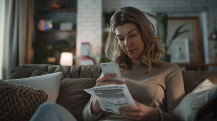 Worried woman at home, reading a document and checking phone, stressful financial concept.