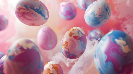 Whimsical Abstract Painted Easter Eggs Floating in Ethereal Dreamscape with Vibrant Shadows and Lights - obrazy, fototapety, plakaty