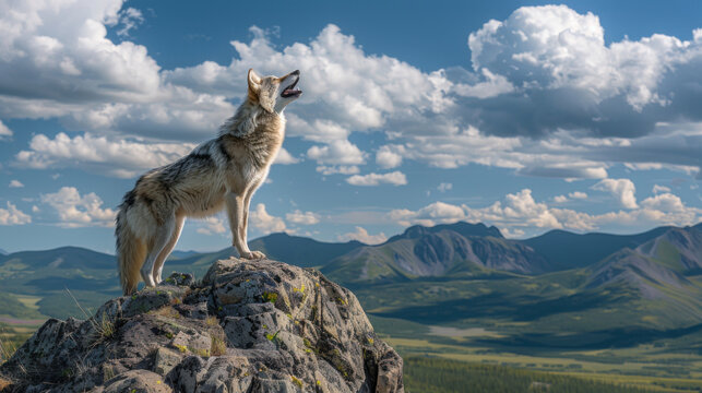 A wild wolf howling on a rocky mountain peak with expansive blue sky and clouds in the background.