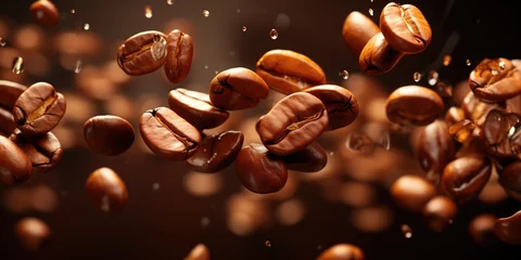 Foto auf Acrylglas Roasted coffee beans float in mid-air against a dark background © Александр Марченко