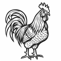 Fototapeta na wymiar Black and white illustration of a rooster standing tall with detailed feather patterns.