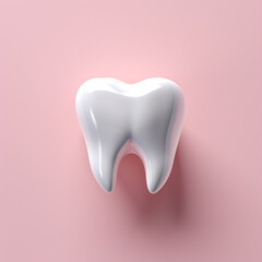 3D white tooth on a pink background, top view, simple design, flat lay, generative ai
