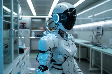 Hi-tech robot doctor, futuristic white and blue design, in advanced medical lab, sterile environment