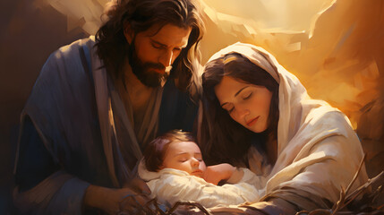 Holy Family with baby Jesus illustration. A warm, serene illustration of the Holy Family, with Joseph and Mary adoring baby Jesus in soft lighting