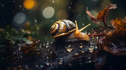 Foto auf Acrylglas Snail journeying through a rainy forest scape. A close-up view of a snail traveling on a wet, leaf-strewn path, with raindrops adding a dynamic and refreshing element to the scene © mandu77