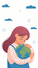 Caring girl gently hugging the the planet earth. Earth day. Vector illustration