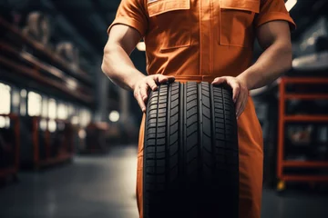 Fotobehang A mechanic in an orange uniform holds a new car tire in a workshop. © Александр Марченко