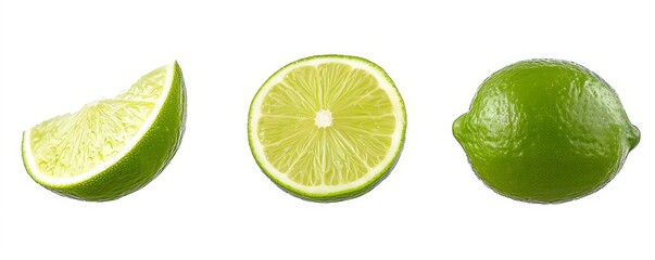 Lime isolated. Lime half, slice, piece isolate on white. Lime set. With clipping path. Full depth of field. Focus stacking, Generative AI 