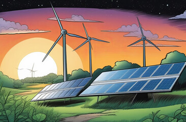 Cartoon illustration of solar panels and wind turbines in an ecoregion field