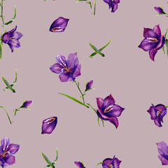 watercolor illustration seamless pattern wildflowers bells on a lilac background