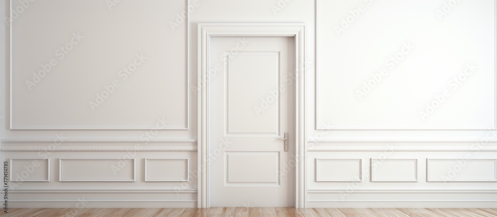 Sticker A vacant room inside a building featuring white walls, a white door with a wooden handle and wood stain. The door is a rectangle fixture in a house