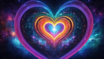 Abstract bright multicolored futuristic heart on a space background