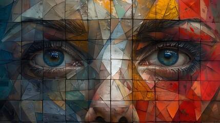 Captivating Cubist Facial Mosaic A Futuristic Portrayal of Scientific Wonders - obrazy, fototapety, plakaty