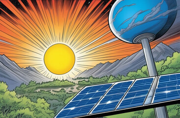 a cartoon illustration of a solar panel with a globe in the background