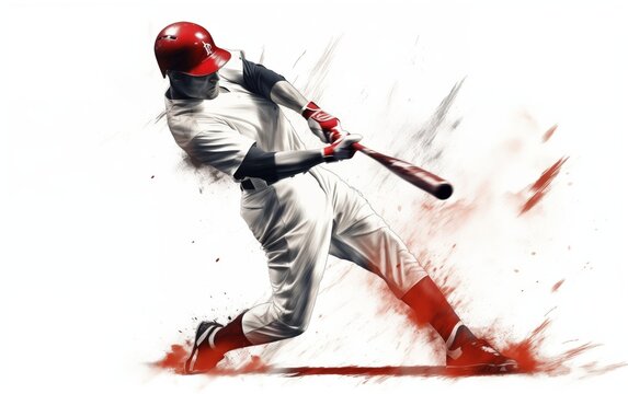 Wide angle view of a baseball player hitting a ball. high energy. illustration. White background