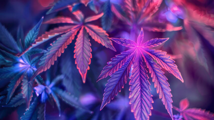 Bright background with textured shiny cannabis leaves neon attractive colors blur background