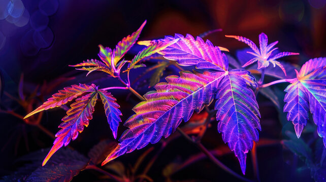 Colorful marijuana plant with unusual neon color, cannabis leaves are bright and attractive background