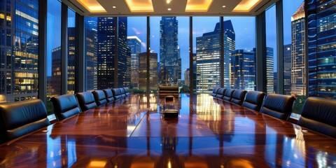 A corporate boardroom with a long table, leather chairs, and a view of the city skyline. 