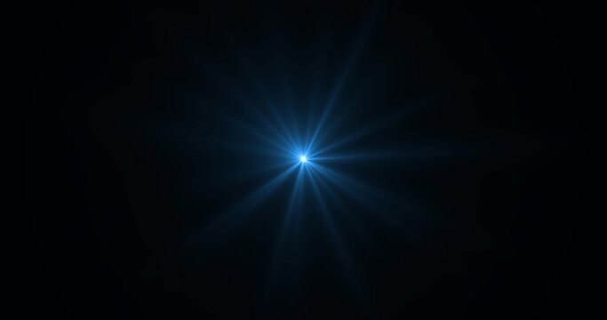 Lens optical light star glows with flickering animated background. 4K. The effect of bright starlight on a black background. Star fire, flare, shiny artistic background.