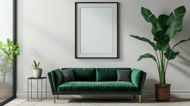 Frame mockup design. Velvet green sofa, home interior, 3D render