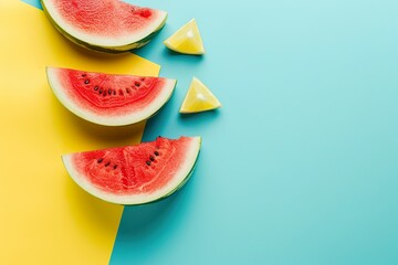 Watermelon Slices Illustration on Blue and Yellow Backdrop. Healthy Summer Fruit Concept