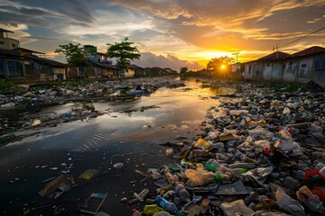 Sunset Over Polluted River Flowing Through Impoverished Urban Community