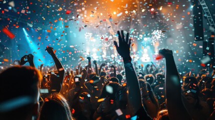 Energetic crowd at a music festival, enjoying the pulsating lights, confetti, and fireworks during the DJ's performance.