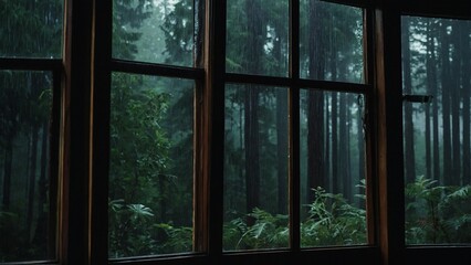 Heavy raining in the forest a little dark outside, view from the inside of the open window of wooden house 